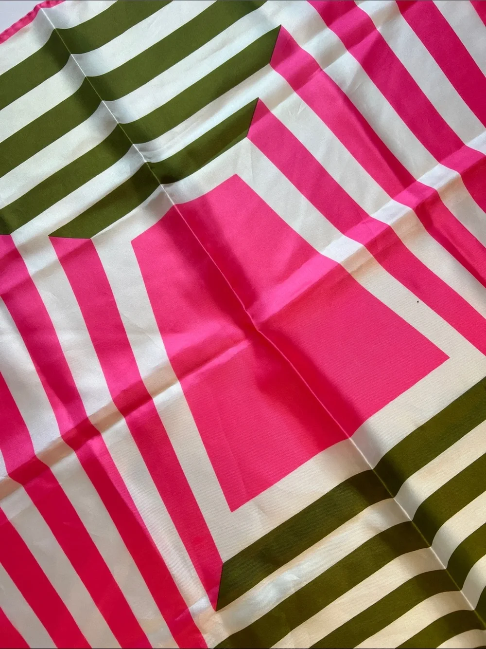 Vintage Vera Neumann scarf pink green & white geometric design 23” square
